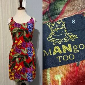 Vintage 90s MANgo Too Colorful Tropical Floral Mini Adjustable Straps Dress Sz S